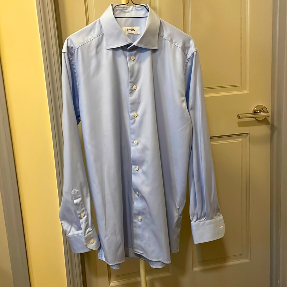 Eton all cotton light blue herringbone weave dress shirt spread collar 16x35